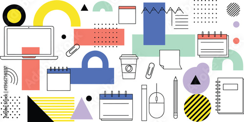 Abstract Geometric Office and Stationery Elements Set with Laptop, Notebooks, and Paper Clips for Workspace Design