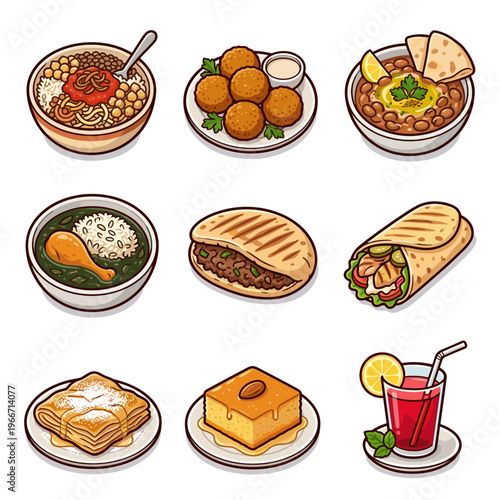 Traditional Egyptian food set with koshary falafel and shawarma vector illustration