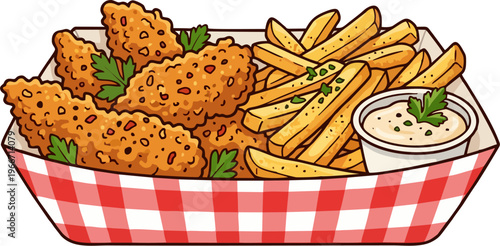 Crispy Fried Chicken Tenders with French Fries and Creamy Dipping Sauce in Red Checkered Paper Tray Isolated