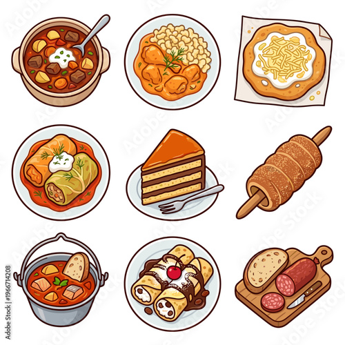 Traditional Hungarian food dishes and desserts set isolated on white background vector illustration