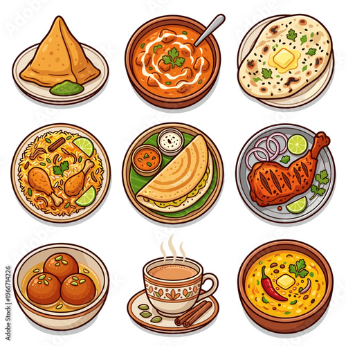 Traditional Indian food dishes collection including biryani and samosa cartoon vector illustration