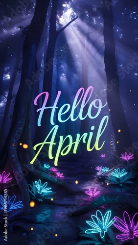Hello April Colorful Script Text in Mystic Forest with Neon Glowing Flowers Light Rays Spring Wallpaper