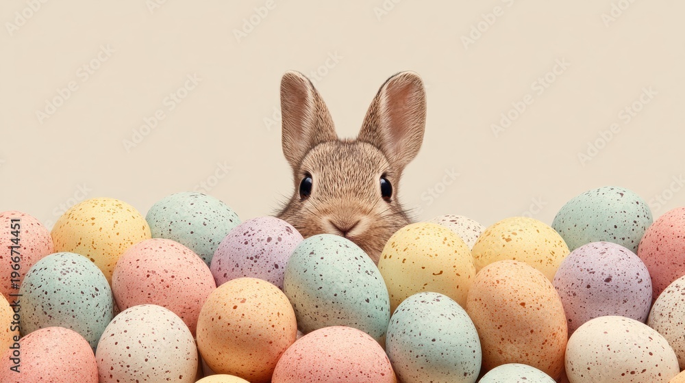 Obraz premium Rabbit hiding among colorful Easter eggs in a bright setting