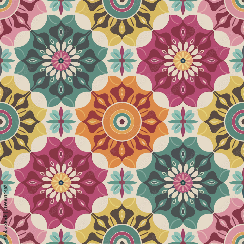 Fototapeta premium vector illustration hires Collection of High-Resolution Abstract Seamless ornament Patterns with Diverse Designs and Textures Mediterranean Tile Pattern with Colorful Floral Mandalas and Geometric