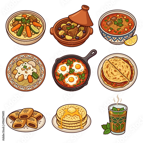 Traditional Moroccan and North African food collection vector illustration isolated on white