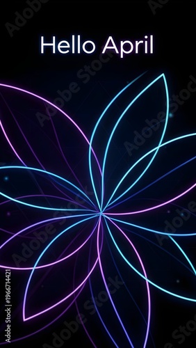 Hello April Neon Geometric Flower Petal Line Art in Blue Purple on Black Background Spring Digital Wallpaper