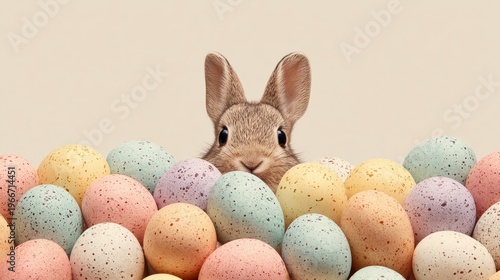 Rabbit hiding among colorful Easter eggs in a bright setting