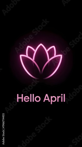 Hello April Minimalist Pink Neon Lotus Flower Glowing on Black Background Spring Wellness Wallpaper