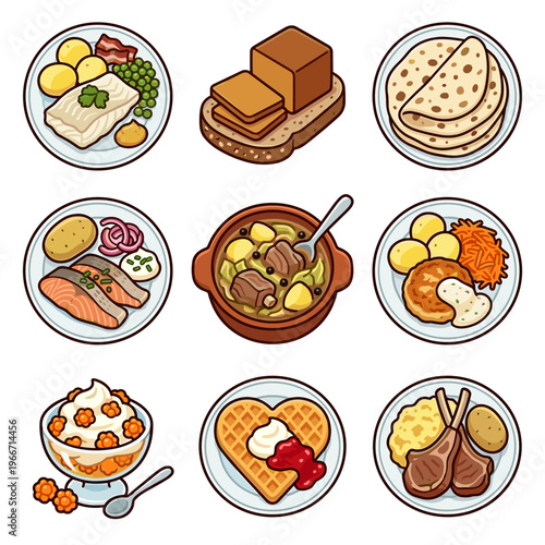 Traditional Norwegian food dishes collection isolated on white background vector illustration