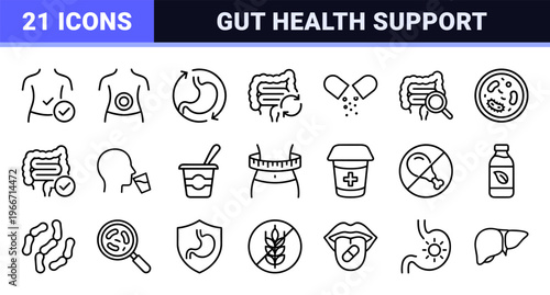 Digestive Health and Gut Microbiome Minimalist Monoline Icon Set for Medical UI/UX Design and Wellness Brand Identity Assets.