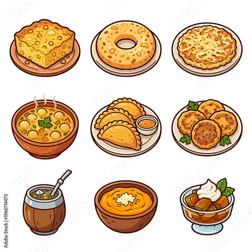 Traditional Paraguayan and South American food icons set isolated on white background illustration