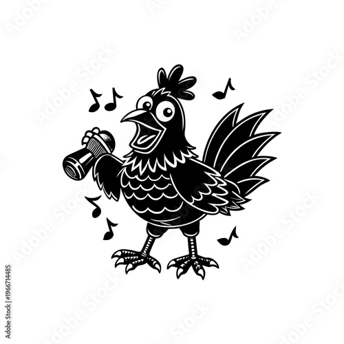 A black and white cartoon rooster singing into a microphone with musical notes floating around it.