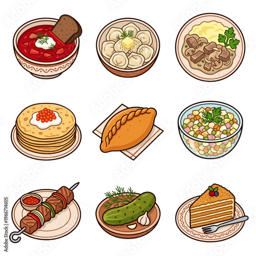 Traditional Russian and Slavic cuisine dishes collection isolated on white background vector illustration