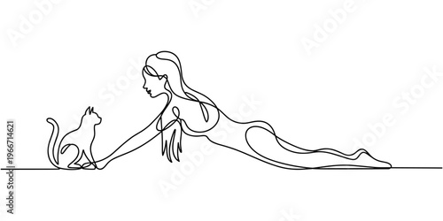 Continuous one line drawing of woman doing yoga downward dog pose with cat on her back minimalist health wellness vector.