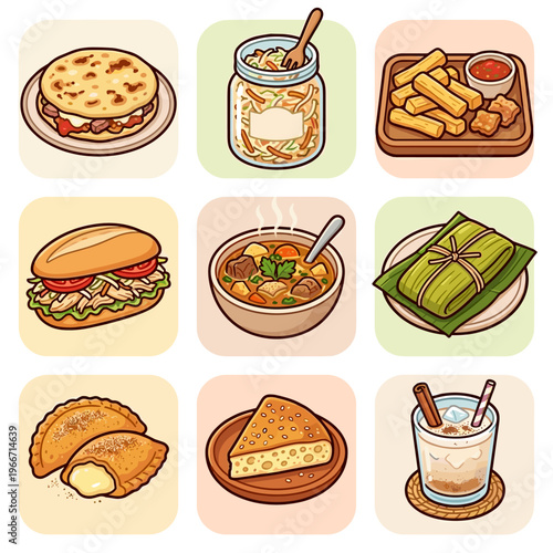 Traditional Salvadoran food icon set with pupusa and horchata vector illustration