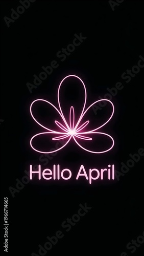 Hello April Minimalist Pink Neon Flower Outline Glowing on Black Background Spring Greeting Wallpaper