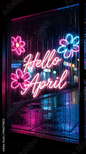 Hello April Neon Sign with Glowing Flowers on Rainy Window Glass Night City Background Spring Wallpaper