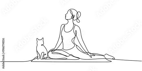 Continuous one line drawing of woman doing yoga downward dog pose with cat on her back minimalist health wellness vector.