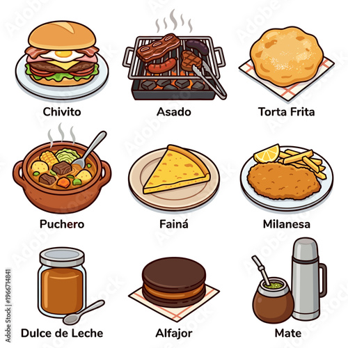 Traditional Uruguayan and Argentine food icons set isolated on white background vector illustration