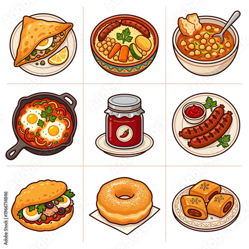 Traditional Tunisian food set with shakshuka couscous and brik vector illustration