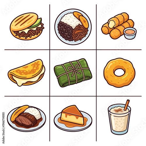 Traditional Venezuelan food collection including arepa and pabellon criollo vector illustration