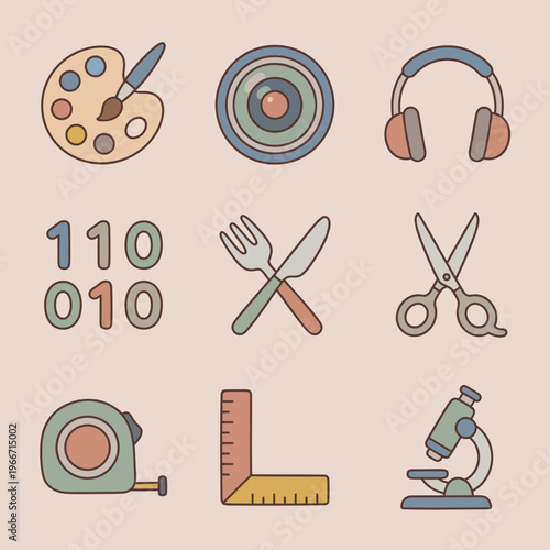 Set of Education and Profession Icons Including Art Palette, Camera Lens, Binary Code, Culinary Tools, Measurement Tape, Microscope and Ruler for Career Development