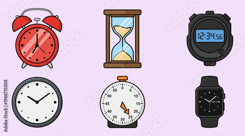 Collection of Time Measurement Tools Icons Including Alarm Clock, Hourglass, Stopwatch, Digital Timer, Wall Clock and Smartwatch for Productivity and Deadline