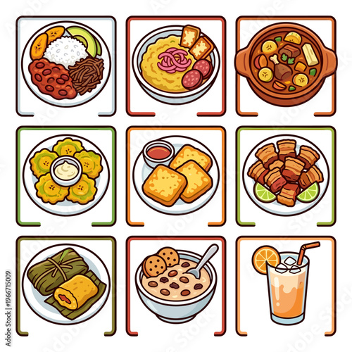 Assorted Dominican Caribbean traditional food icons grid vector illustration