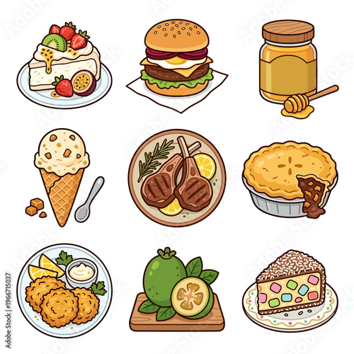 Assorted food icons collection featuring burger dessert and savory dishes isolated vector illustration