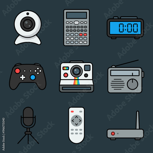 Household Electronics and Gadgets Icons Set with Webcam, Calculator, Digital Clock, Gamepad, Instant Camera, Radio, Microphone, Remote and Router Devices