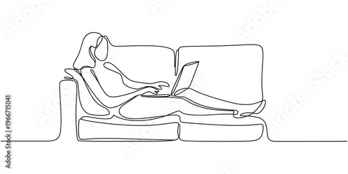 One continuous single drawing line art flat doodle girl woman lying on sofa, reading, resting, sofa, soft sofa. Isolated image hand draw contour on a white background, hand drawn,