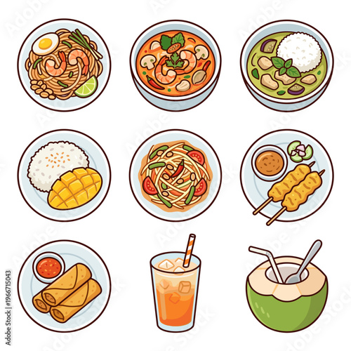 Assorted popular Thai food and drinks collection isolated on white background vector illustration