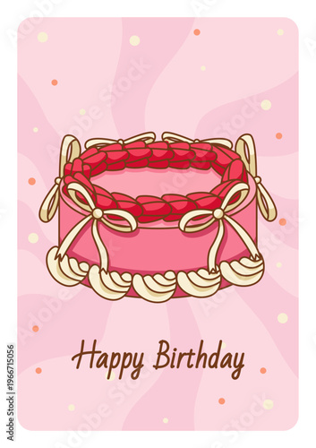 Happy Birthday Card. Vintage Whimsical Cake in a Coquette Style. Bento Cake wit Bow, Cream and Confetti. Vector Illustration.