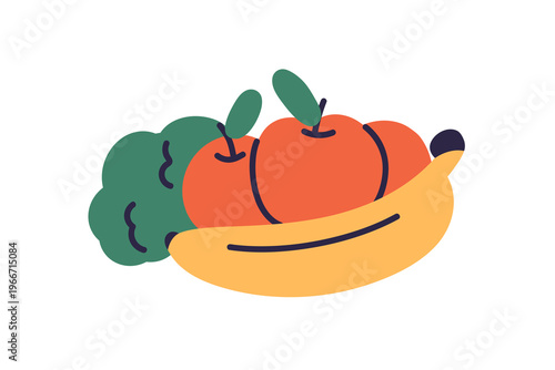 Fruit and vegetables. Apple, banana and broccoli composition. Natural fiber f...