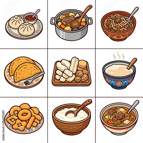 Assorted traditional Central Asian and Mongolian food icons set in flat vector illustration