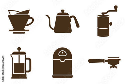 Professional Coffee Brewing Equipment Silhouette Icons Set with Pour Over, Kettle, Grinder, French Press and Portafilter Vector Illustration