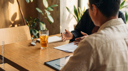 Tableau sur toile Professional photograph of two colleagues discussing business documents and a tablet during a collaborative meeting