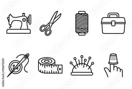 Sewing and Tailoring Equipment Outline Icons Set with Sewing Machine, Scissors, Thread, Needle, Measuring Tape and Thimble Vector Illustration