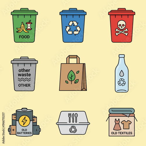 Waste Management and Recycling Icons Set with Various Bins and Sorting Categories for Eco Friendly Lifestyle, Food Waste, Plastic, Toxic, and Textiles