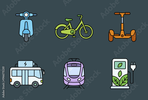 Eco Friendly Electric Transportation and Micro Mobility Icons Set, Scooter, Bicycle, Segway, Electric Bus, Tram, and EV Charging Station Symbols