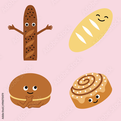 Collection of Cute Smiling Bread Characters including Baguette Loaf Bun and Cinnamon Roll, Kawaii Bakery Pastry Vector Illustration for Kids