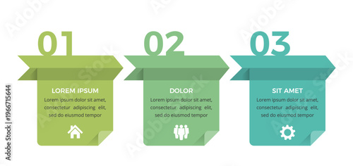 Horizontal infographic template with three arrows. Process chart with three steps, timeline, workflow, or feature list visualization
