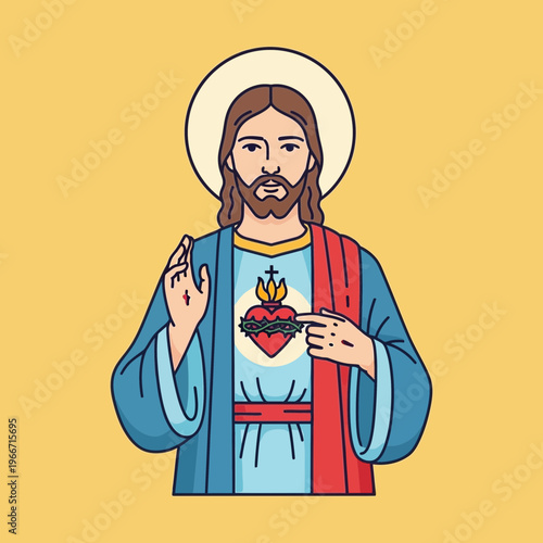Cartoon illustration of Jesus Christ with Sacred Heart and stigmata, a religious depiction on a yellow background.