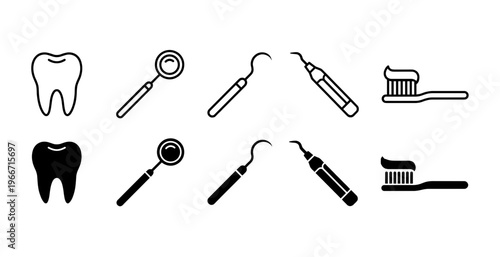 Dental Care Icons Set with Tooth Mirror Scaler and Toothbrush in Black and White Outline and Silhouette Styles for Professional Dentistry Vector Illustration
