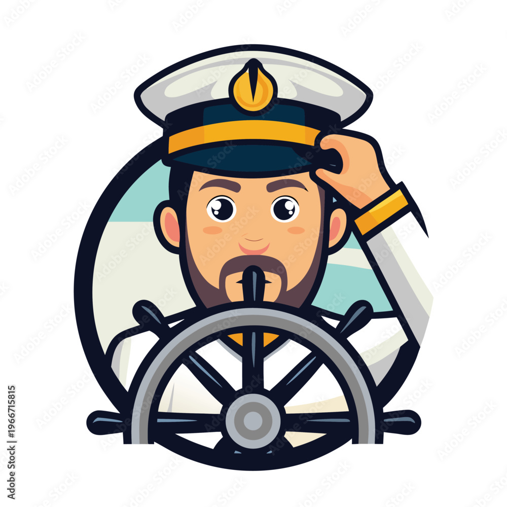 Obraz premium Friendly bearded ship captain saluting confidently while steering a vessel with a wheel