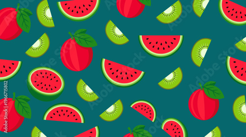 Seamless Pattern with Fresh Watermelon and Kiwi Fruit Slices, Tropical Summer Fruit Background for Textile, Wallpaper and Packaging Design Vector