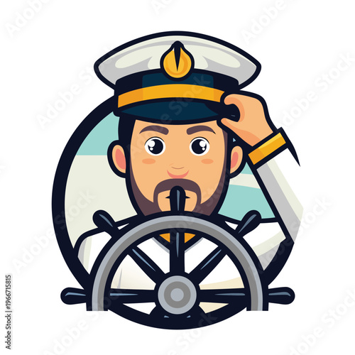 Friendly bearded ship captain saluting confidently while steering a vessel with a wheel