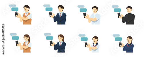 フラットイラスト：スマートフォンを操作する学生セット(上半身)