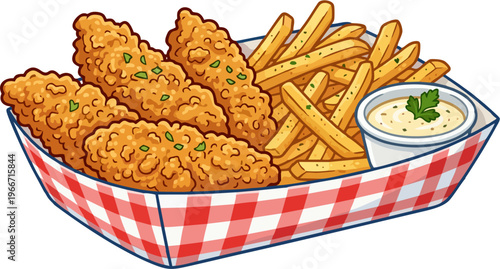 Crispy Fried Chicken Tenders and Seasoned French Fries with Creamy Dipping Sauce in Red Gingham Paper Tray - Fast Food Cartoon Vector Illustration