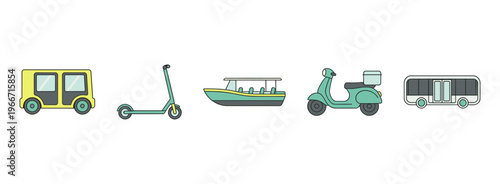 Modern Urban Transportation and Electric Vehicle Icons, Delivery Van, Scooter, Boat, Moped and Public Bus Vector Symbols for City Mobility Set